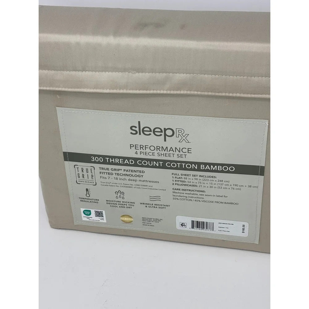 SleepRx Performance 4 Piece Sheet Set Oatmeal Tan Cotton Bamboo Full Set